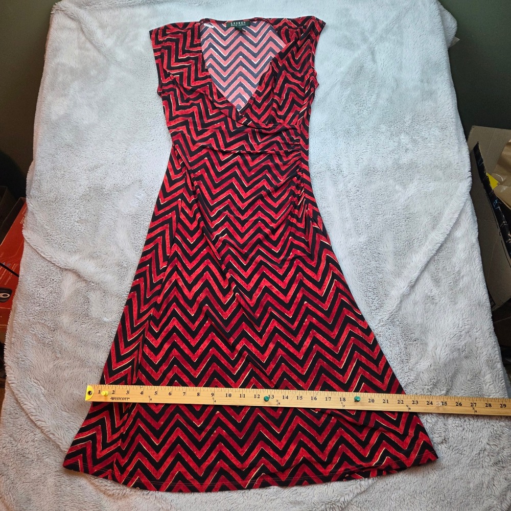 Lauren‎ Ralph Lauren Faux Wrap Dress Womens S Red Black Zig Zag Chevron Ruched